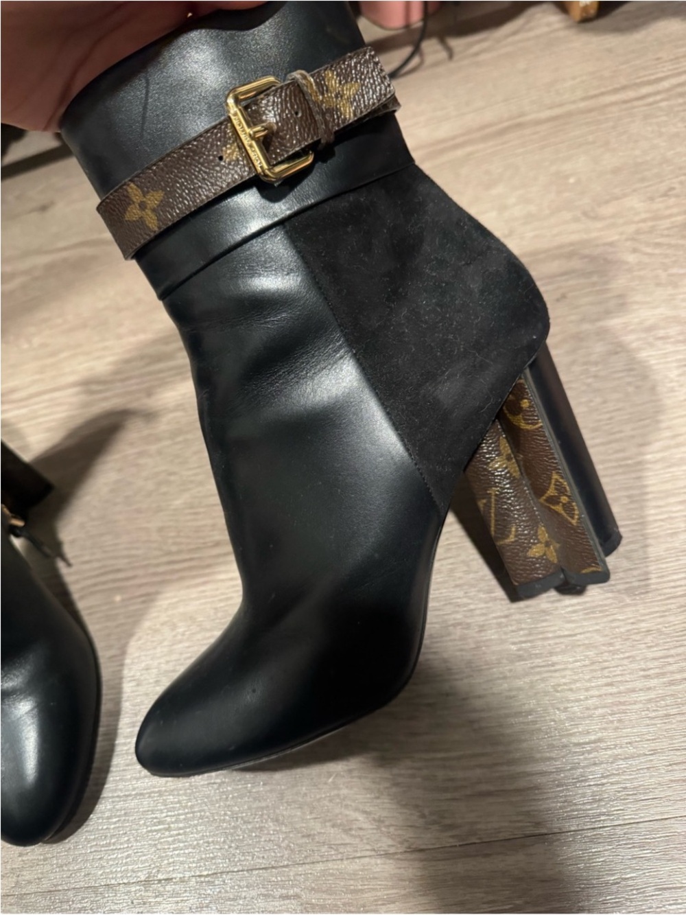 Louis Vuitton Black Leather & Monogram Block Heel Ankle Boots